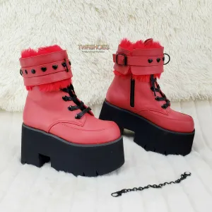 Ashes 57 RED Heart Studs 3.5" Platform Goth Boots Fur Lined Cuffs & Chain NY