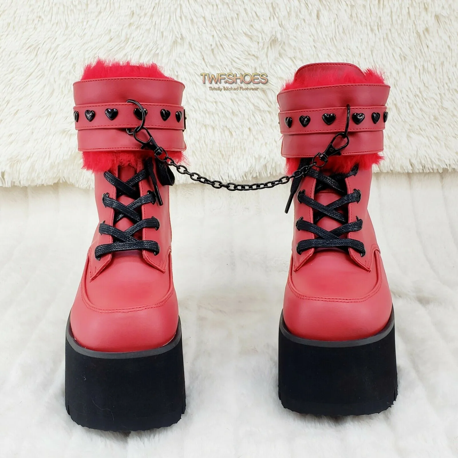 Ashes 57 RED Heart Studs 3.5" Platform Goth Boots Fur Lined Cuffs & Chain NY
