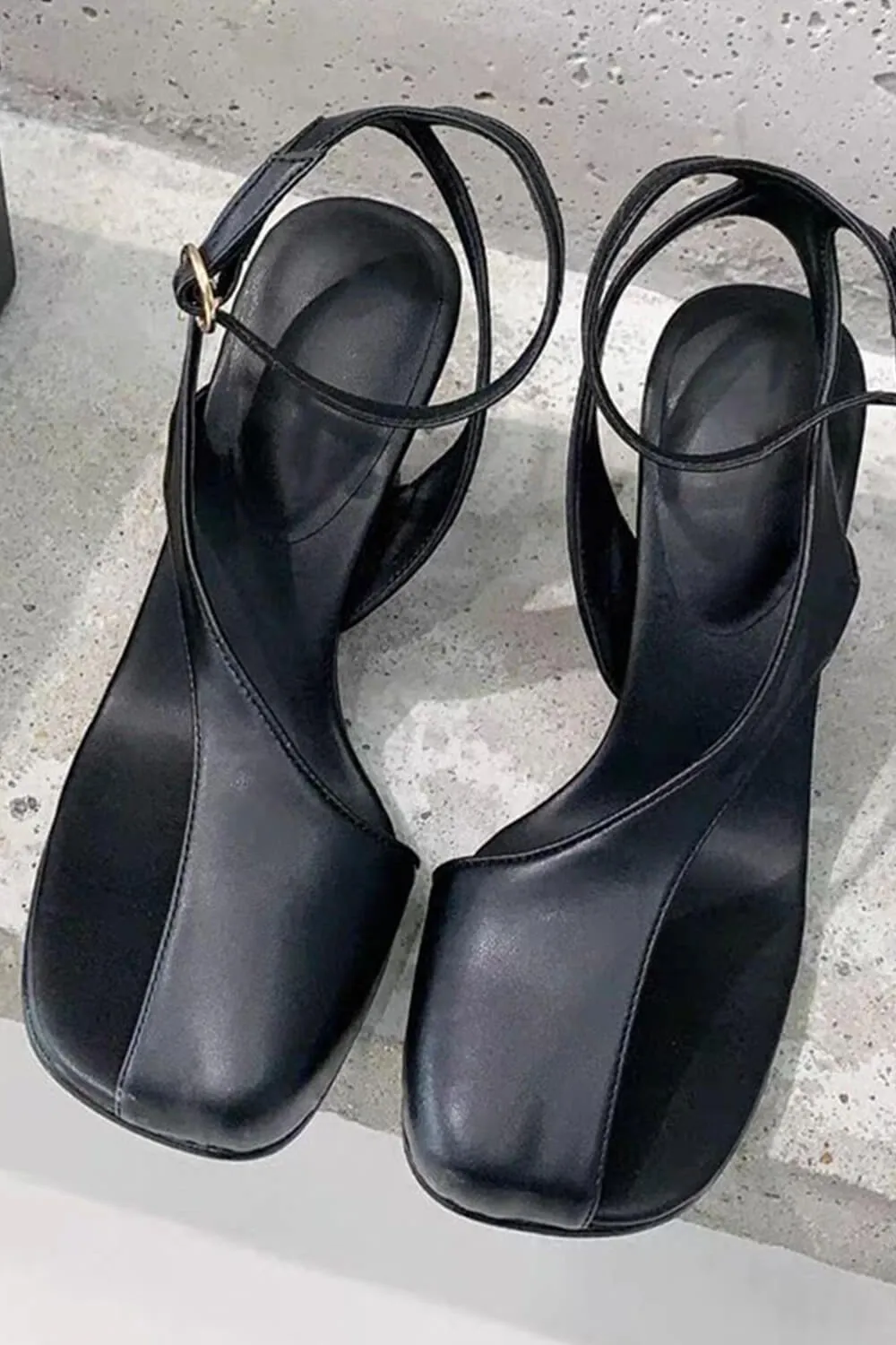 Assymetrical Cut Out Ankle Heeled Sandals - Black