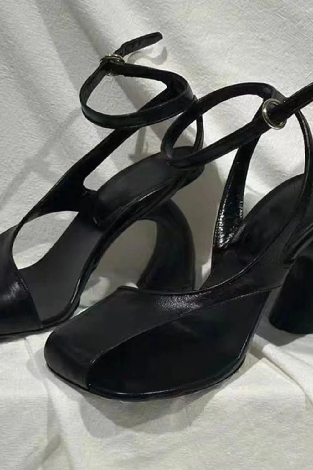 Assymetrical Cut Out Ankle Heeled Sandals - Black