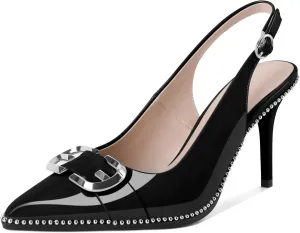 AUMOTED High Heels for Women Slingback Stiletto Shoes Trendy Sliver Beaded Pointey Toe Pump 3.5 Inch Elegant Dress Shoes Black Patent Leather US Size 8.5