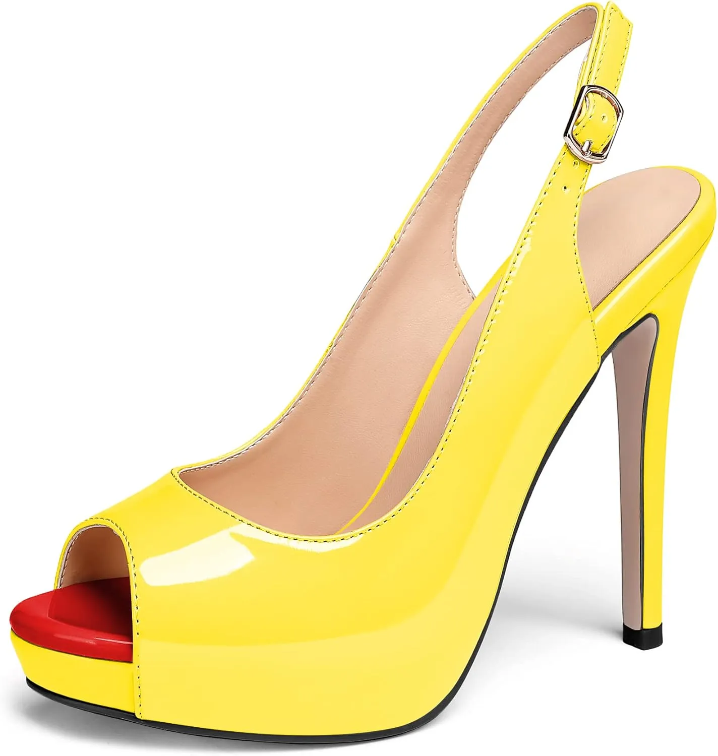 AUMOTED Women's High Heel Slingback Pumps Stilettos High Heels Patent Slingback Pumps Solid Peep Toe Platform Stilettos Pumps Dating Party Dress Shoes 4.7 Inch