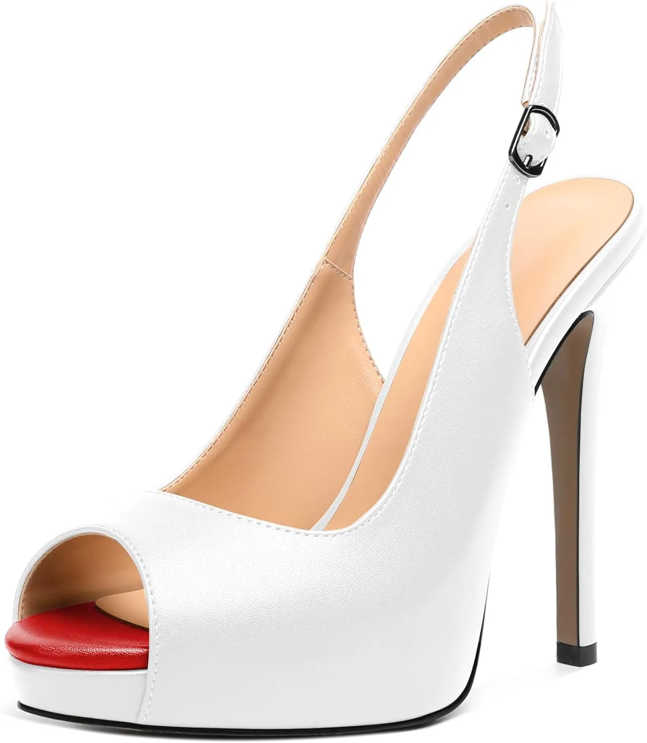 AUMOTED Women's High Heel Slingback Pumps Stilettos High Heels Patent Slingback Pumps Solid Peep Toe Platform Stilettos Pumps Dating Party Dress Shoes 4.7 Inch