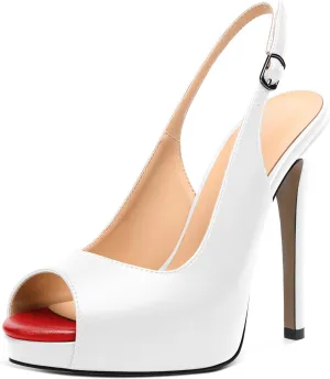 AUMOTED Women's High Heel Slingback Pumps Stilettos High Heels Patent Slingback Pumps Solid Peep Toe Platform Stilettos Pumps Dating Party Dress Shoes 4.7 Inch