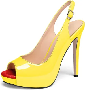 AUMOTED Women's High Heel Slingback Pumps Stilettos High Heels Patent Slingback Pumps Solid Peep Toe Platform Stilettos Pumps Dating Party Dress Shoes 4.7 Inch