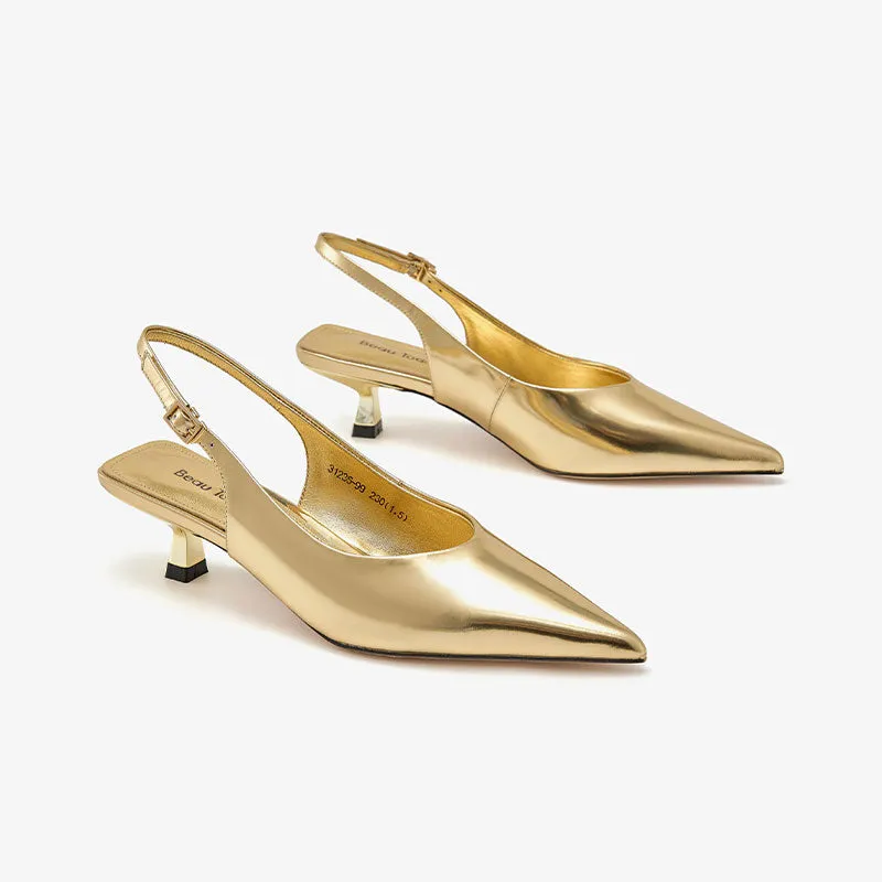 Beautoday Designer Metallic Leather Stiletto Pointed Toe Kitten Heels Slingback for Women