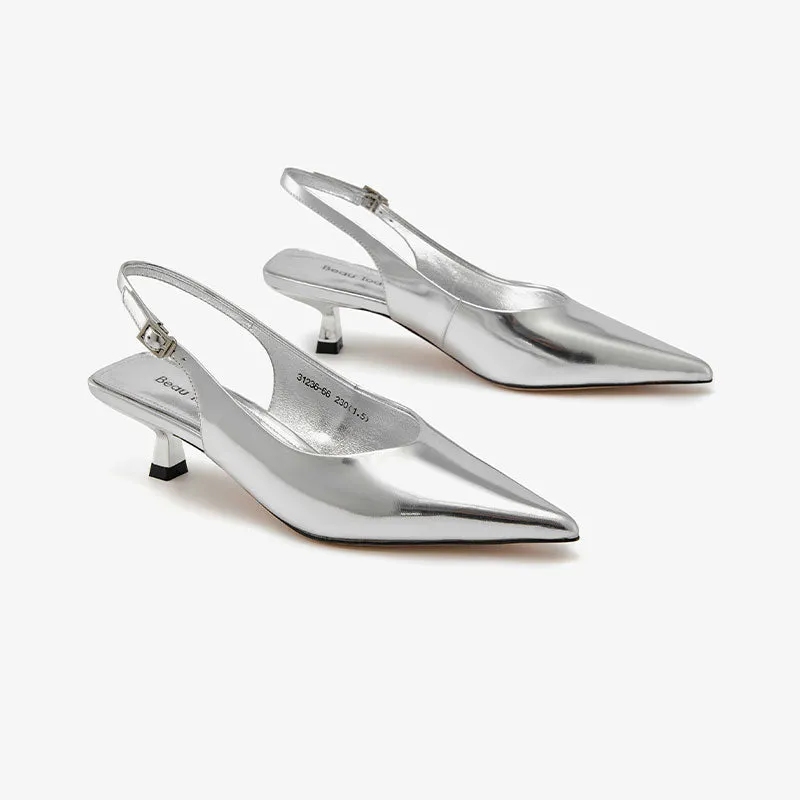 Beautoday Designer Metallic Leather Stiletto Pointed Toe Kitten Heels Slingback for Women