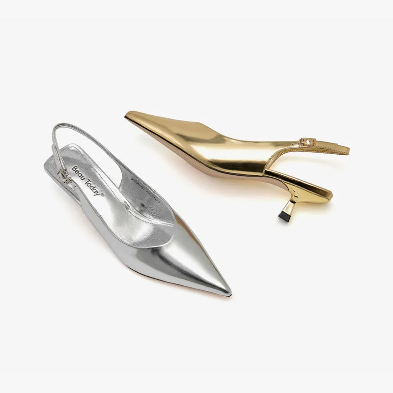 Beautoday Designer Metallic Leather Stiletto Pointed Toe Kitten Heels Slingback for Women