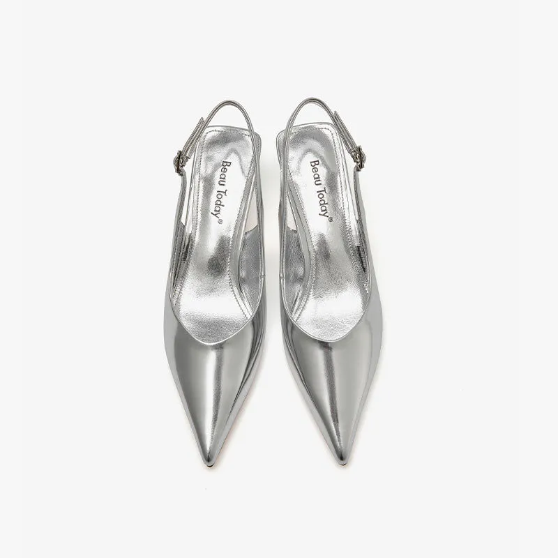Beautoday Designer Metallic Leather Stiletto Pointed Toe Kitten Heels Slingback for Women