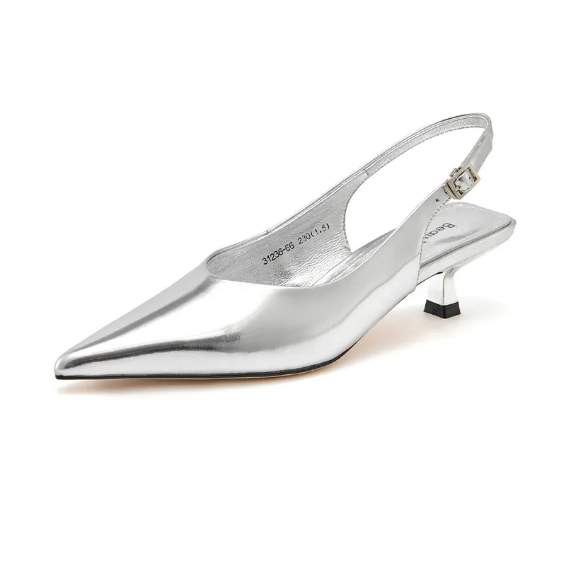 Beautoday Designer Metallic Leather Stiletto Pointed Toe Kitten Heels Slingback for Women