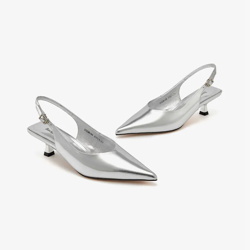 Beautoday Designer Metallic Leather Stiletto Pointed Toe Kitten Heels Slingback for Women