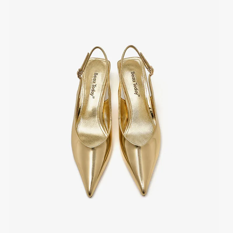 Beautoday Designer Metallic Leather Stiletto Pointed Toe Kitten Heels Slingback for Women