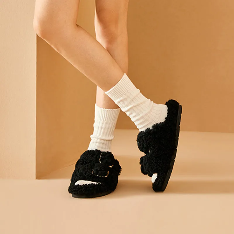 BeauToday Women's Warm Fuzzy Slippers with Stylish Square Metal Decoration