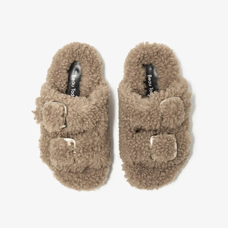 BeauToday Women's Warm Fuzzy Slippers with Stylish Square Metal Decoration