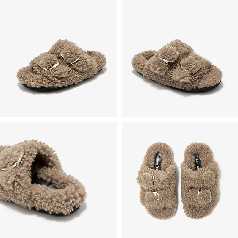 BeauToday Women's Warm Fuzzy Slippers with Stylish Square Metal Decoration