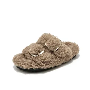 BeauToday Women's Warm Fuzzy Slippers with Stylish Square Metal Decoration