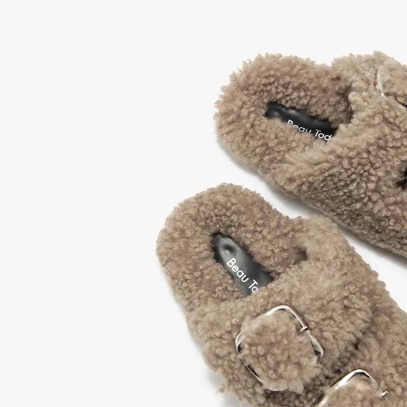BeauToday Women's Warm Fuzzy Slippers with Stylish Square Metal Decoration