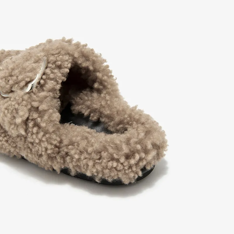 BeauToday Women's Warm Fuzzy Slippers with Stylish Square Metal Decoration