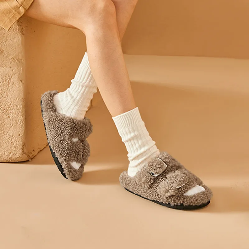BeauToday Women's Warm Fuzzy Slippers with Stylish Square Metal Decoration