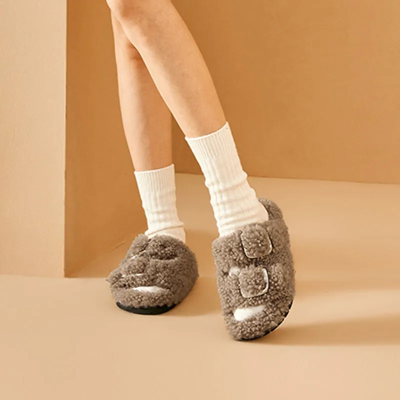 BeauToday Women's Warm Fuzzy Slippers with Stylish Square Metal Decoration
