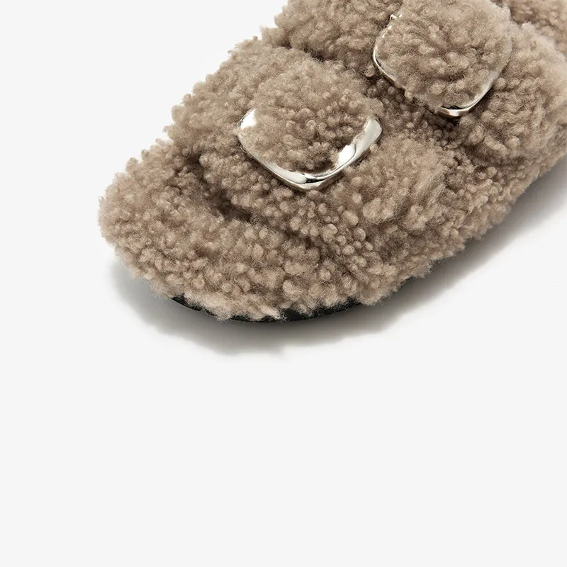 BeauToday Women's Warm Fuzzy Slippers with Stylish Square Metal Decoration