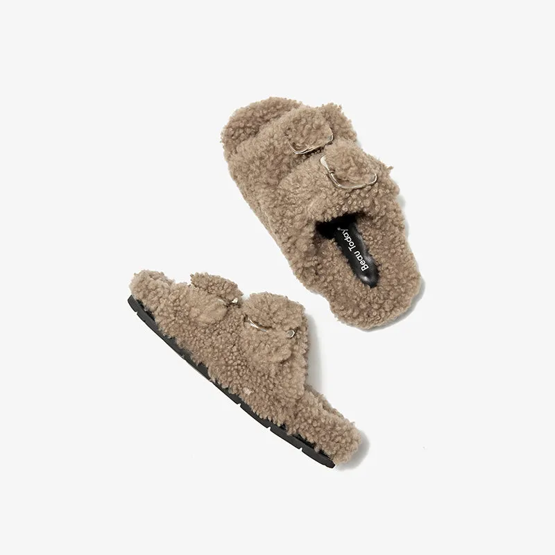 BeauToday Women's Warm Fuzzy Slippers with Stylish Square Metal Decoration