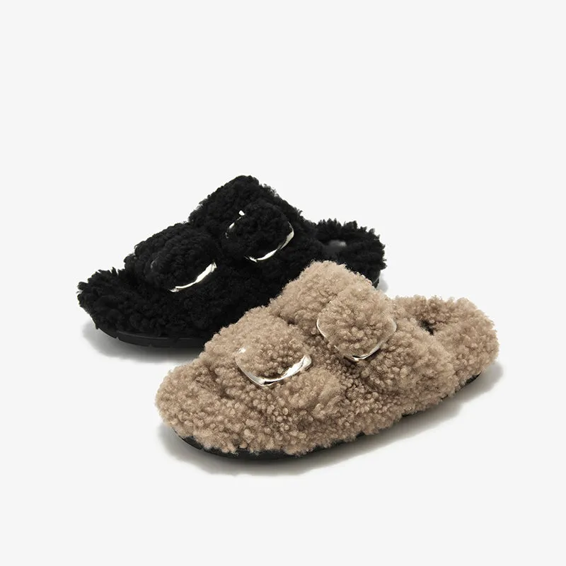 BeauToday Women's Warm Fuzzy Slippers with Stylish Square Metal Decoration