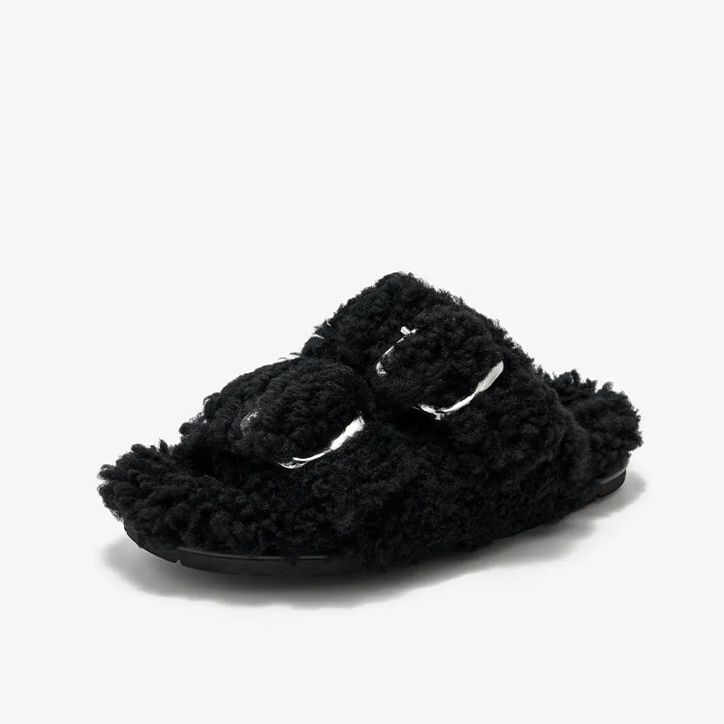 BeauToday Women's Warm Fuzzy Slippers with Stylish Square Metal Decoration