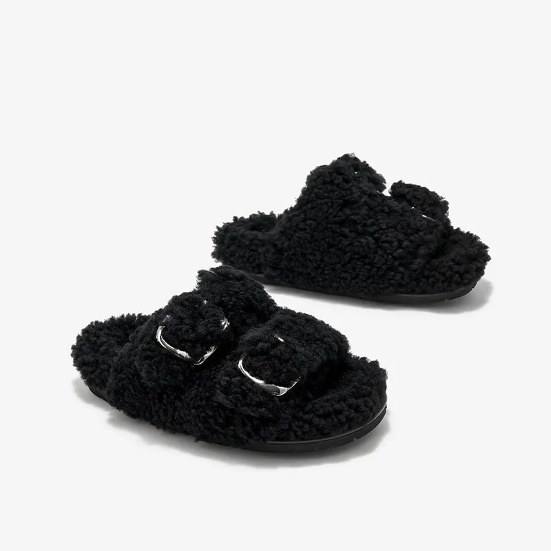 BeauToday Women's Warm Fuzzy Slippers with Stylish Square Metal Decoration