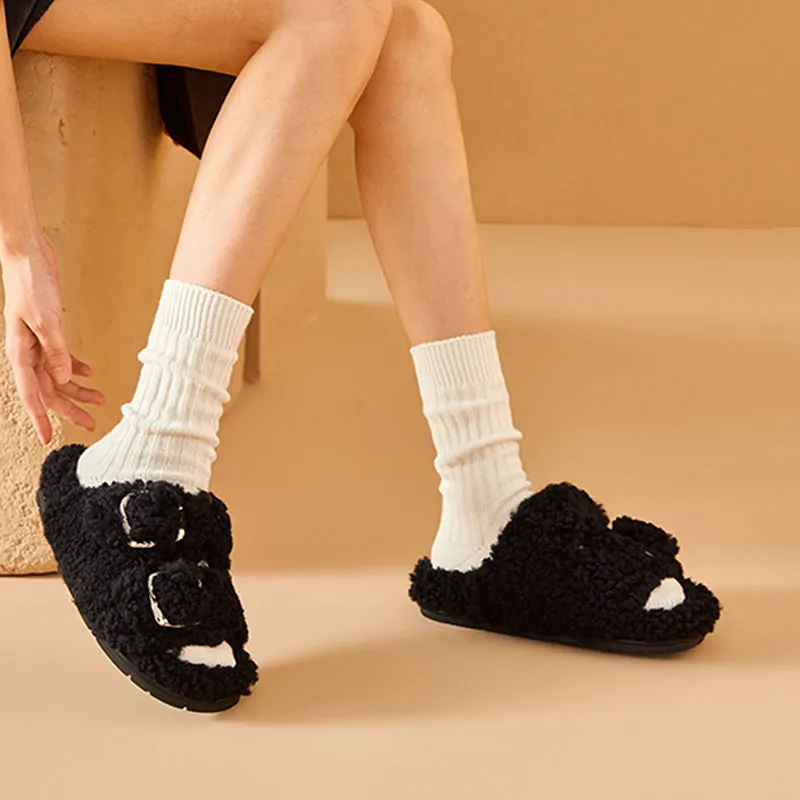 BeauToday Women's Warm Fuzzy Slippers with Stylish Square Metal Decoration