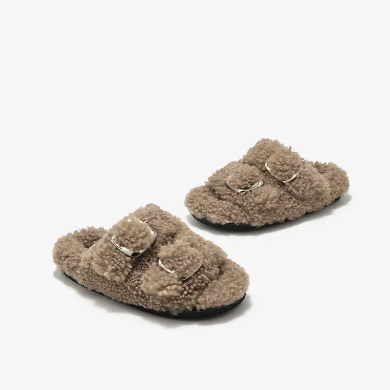 BeauToday Women's Warm Fuzzy Slippers with Stylish Square Metal Decoration