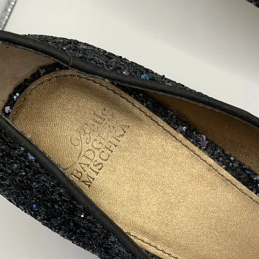 BELLE BADGLEY MISCHKA Women's Navy Sequin Pointed-Toe Kitten-Heel Pumps SZ 9.5