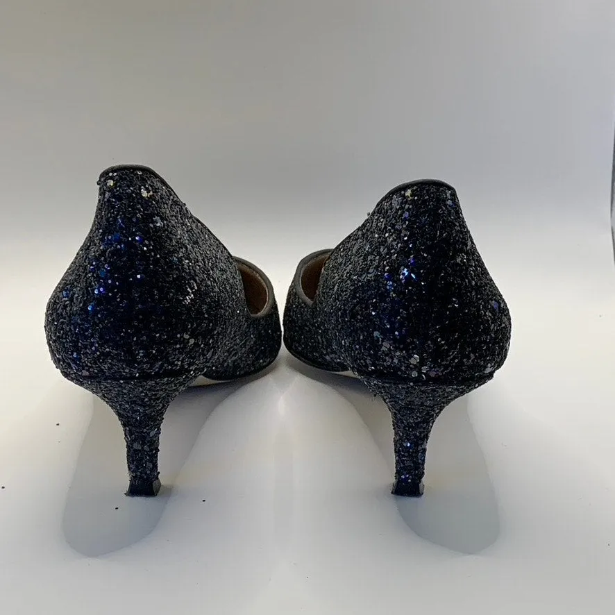 BELLE BADGLEY MISCHKA Women's Navy Sequin Pointed-Toe Kitten-Heel Pumps SZ 9.5