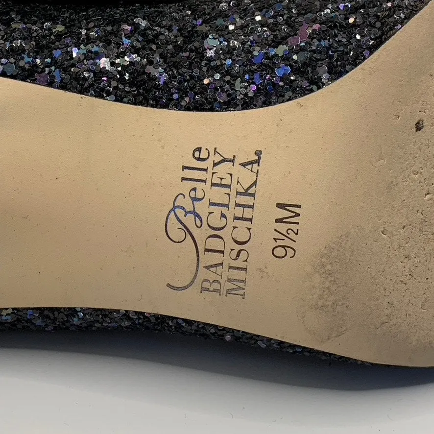 BELLE BADGLEY MISCHKA Women's Navy Sequin Pointed-Toe Kitten-Heel Pumps SZ 9.5