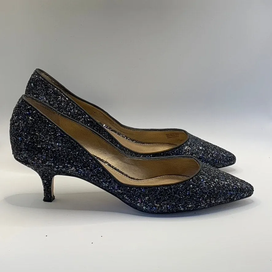 BELLE BADGLEY MISCHKA Women's Navy Sequin Pointed-Toe Kitten-Heel Pumps SZ 9.5