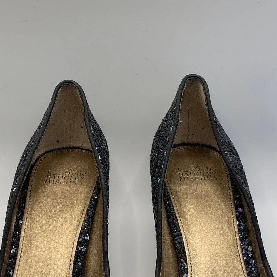 BELLE BADGLEY MISCHKA Women's Navy Sequin Pointed-Toe Kitten-Heel Pumps SZ 9.5