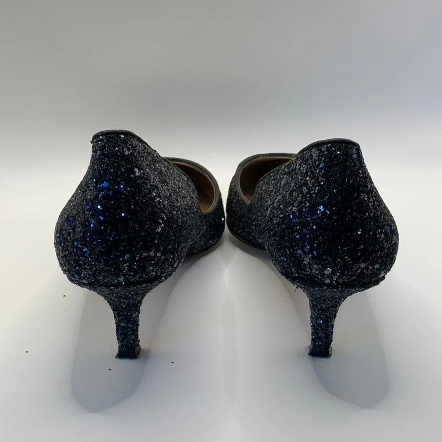 BELLE BADGLEY MISCHKA Women's Navy Sequin Pointed-Toe Kitten-Heel Pumps SZ 9.5