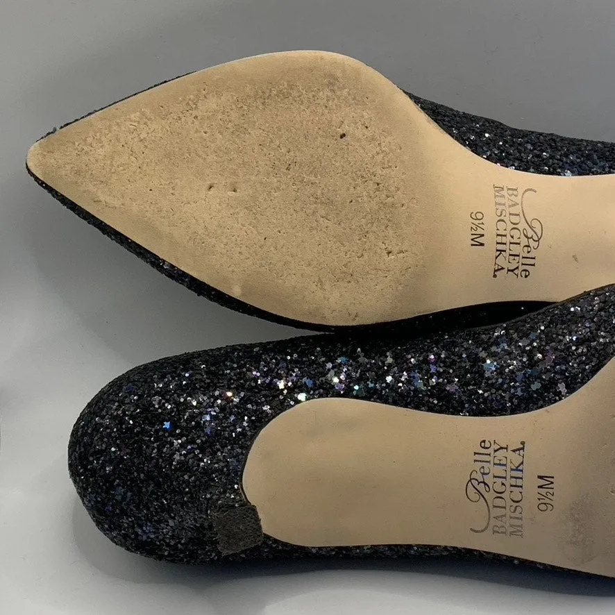 BELLE BADGLEY MISCHKA Women's Navy Sequin Pointed-Toe Kitten-Heel Pumps SZ 9.5