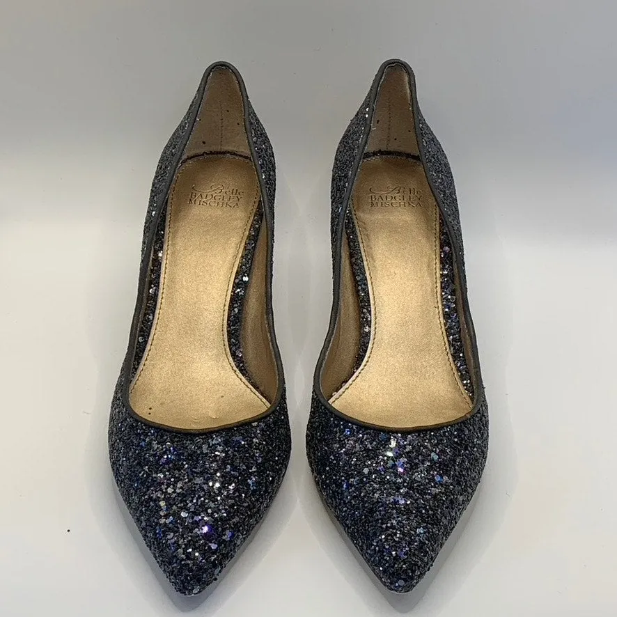 BELLE BADGLEY MISCHKA Women's Navy Sequin Pointed-Toe Kitten-Heel Pumps SZ 9.5