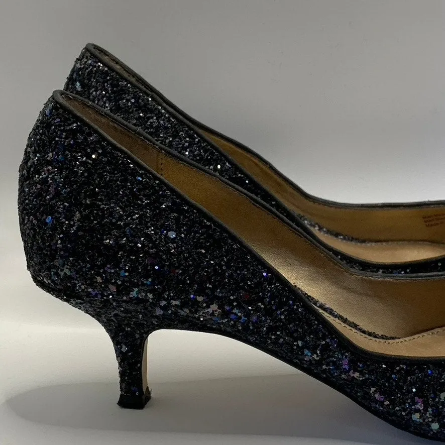 BELLE BADGLEY MISCHKA Women's Navy Sequin Pointed-Toe Kitten-Heel Pumps SZ 9.5