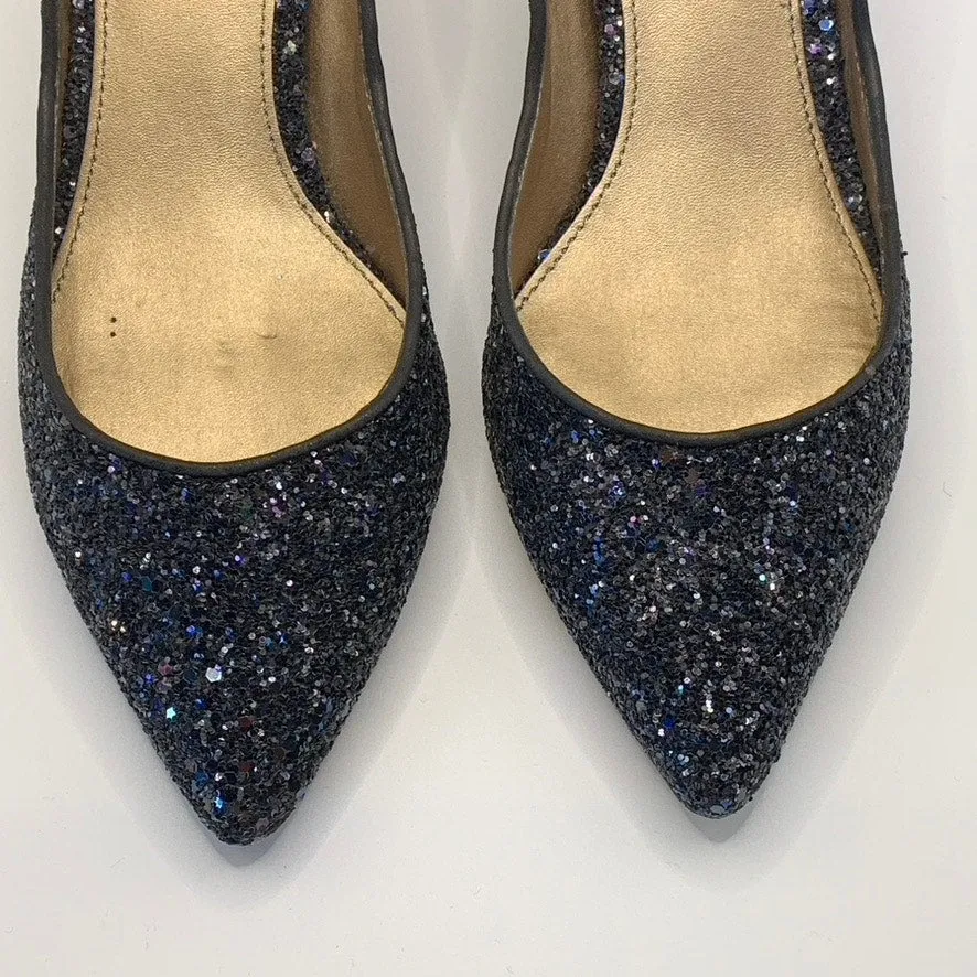 BELLE BADGLEY MISCHKA Women's Navy Sequin Pointed-Toe Kitten-Heel Pumps SZ 9.5