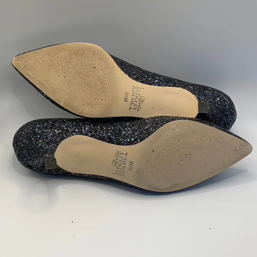 BELLE BADGLEY MISCHKA Women's Navy Sequin Pointed-Toe Kitten-Heel Pumps SZ 9.5