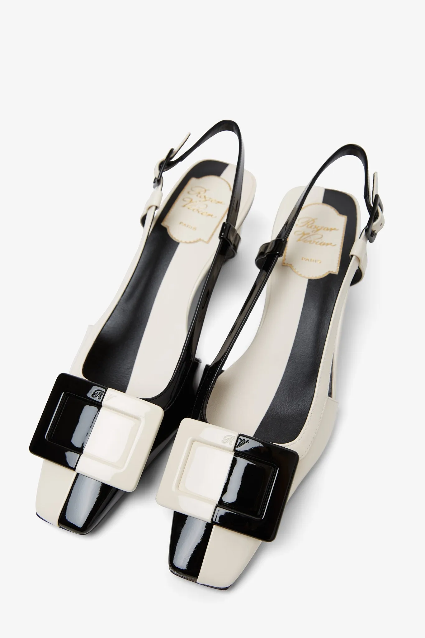 Belle Vivier 45 white and black sling pumps