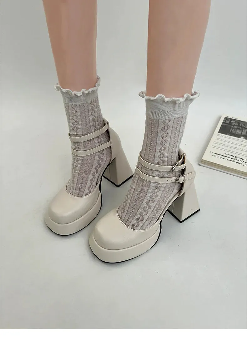 binfenxie White platform french block heels women's fall/winter women heightened vintage mary jane shoes high heels women
