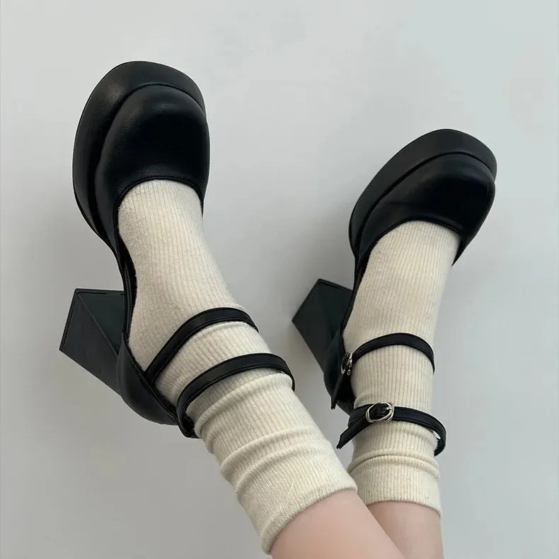 binfenxie White platform french block heels women's fall/winter women heightened vintage mary jane shoes high heels women
