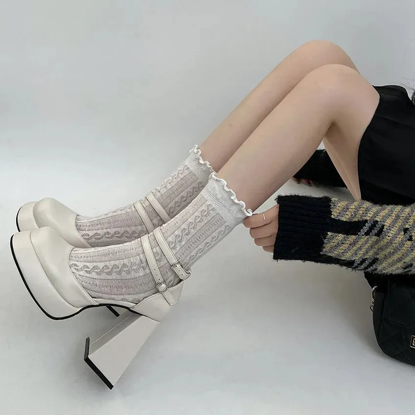 binfenxie White platform french block heels women's fall/winter women heightened vintage mary jane shoes high heels women
