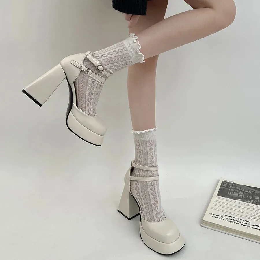 binfenxie White platform french block heels women's fall/winter women heightened vintage mary jane shoes high heels women