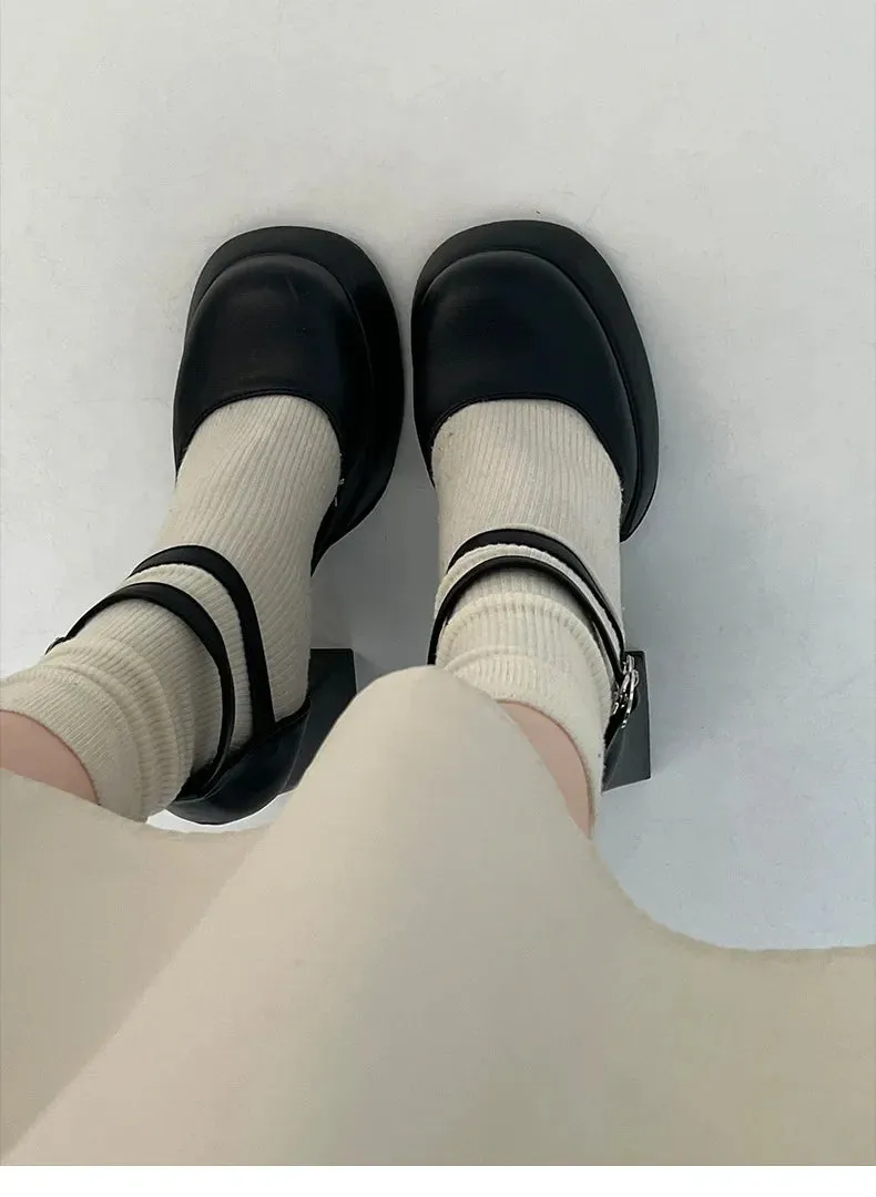 binfenxie White platform french block heels women's fall/winter women heightened vintage mary jane shoes high heels women