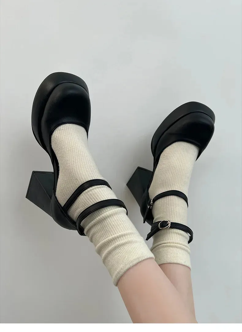 binfenxie White platform french block heels women's fall/winter women heightened vintage mary jane shoes high heels women