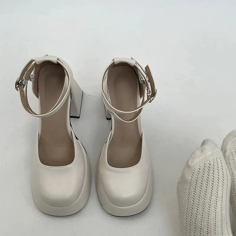 binfenxie White platform french block heels women's fall/winter women heightened vintage mary jane shoes high heels women